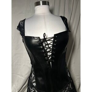 Black Faux Leather Lace Up Corset Top Floral Lace Panels Goth Grunge Punk Small